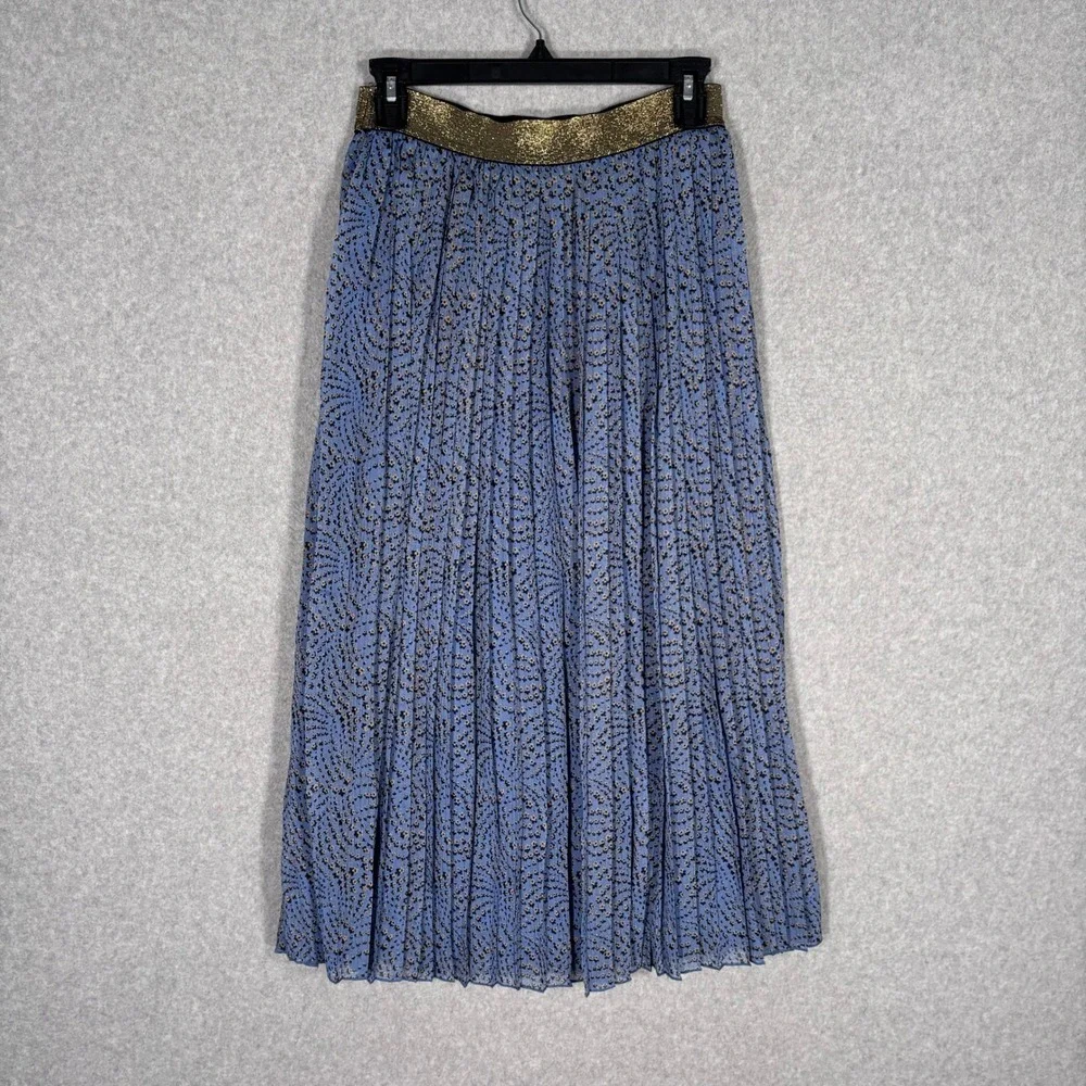 Rue de Femme Pleated Midi Skirt Small Blue Floral Flowy Gold Metallic Feminine‎